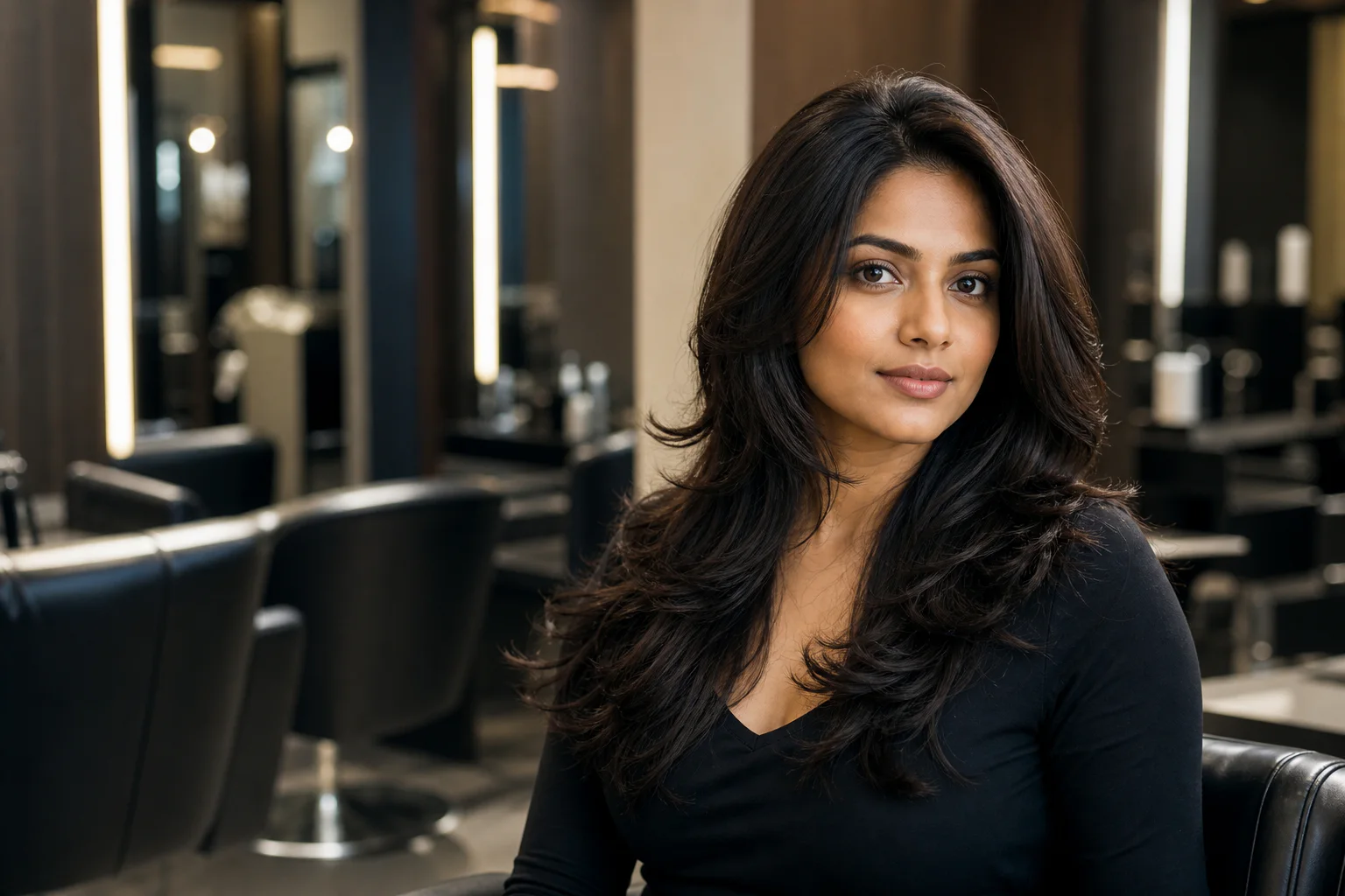 Editorial portrait showcasing a glossy layered haircut in a contemporary salon.