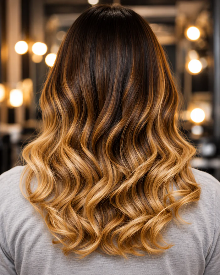 Warm blended balayage with styled waves after the colour service.