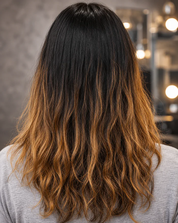 Hair before a balayage colour service.