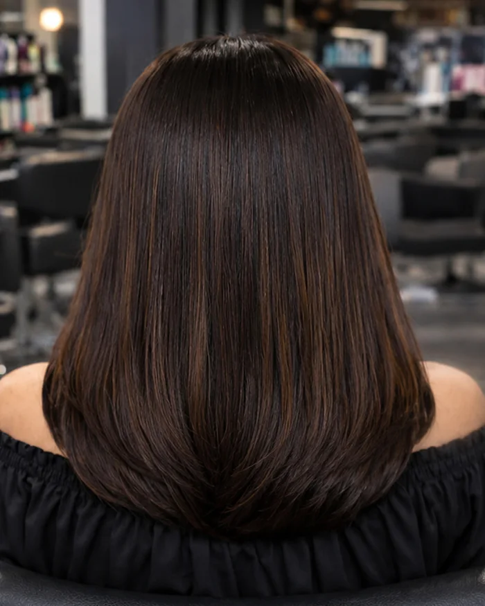 Dimensional brunette hair after the global colour service.