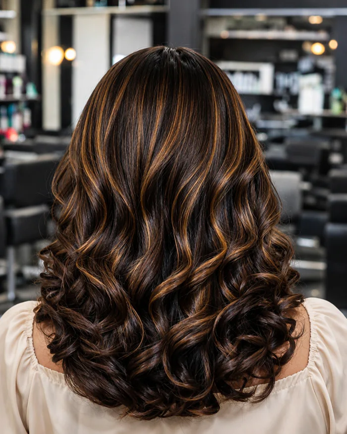 Defined warm highlights with polished curls after the colour service.
