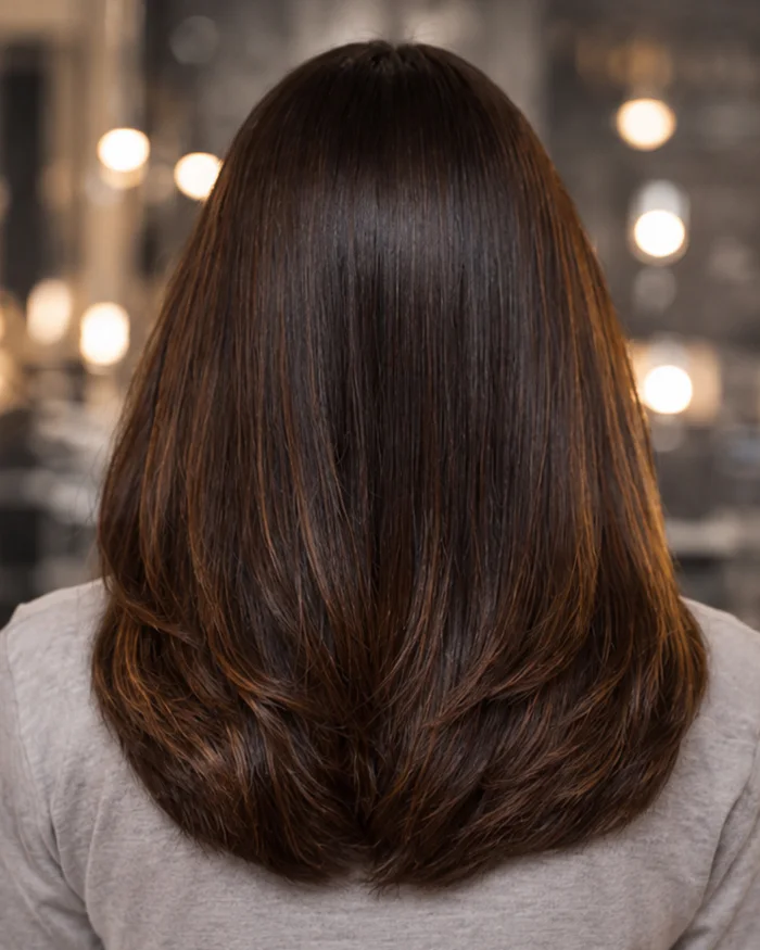 Smooth, shaped hair after the intensive smoothing service.