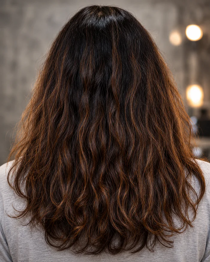 Hair before a keratin smoothing service.