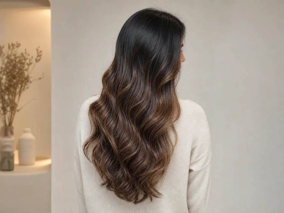 Soft caramel balayage blended through long dark hair.