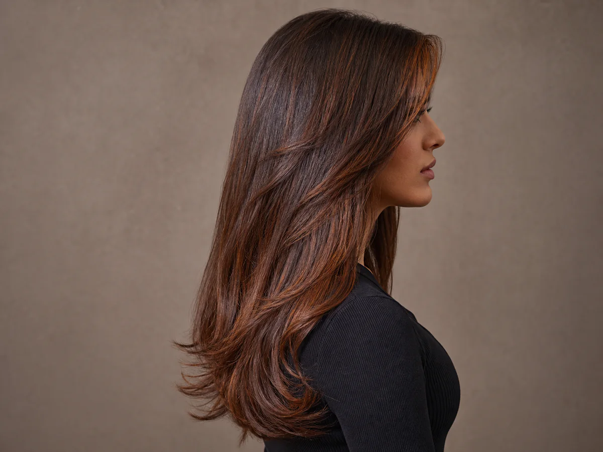 Dimensional auburn-brown professional hair colour.