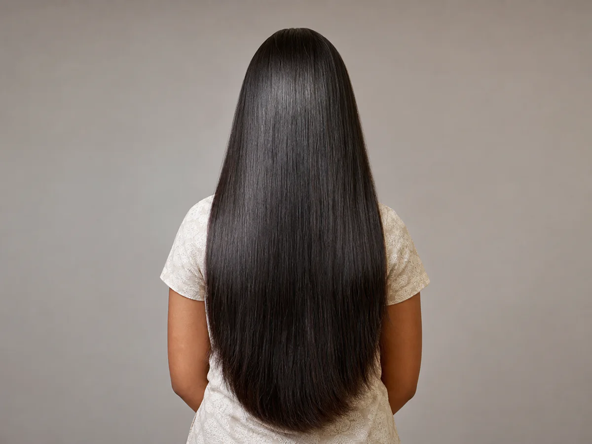 Smooth, glossy dark hair following a professional treatment.