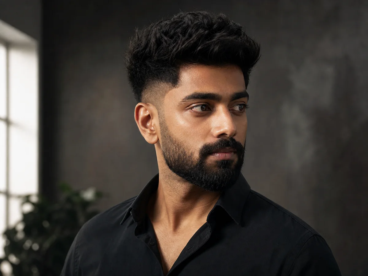 Modern textured men’s haircut with precise beard grooming.