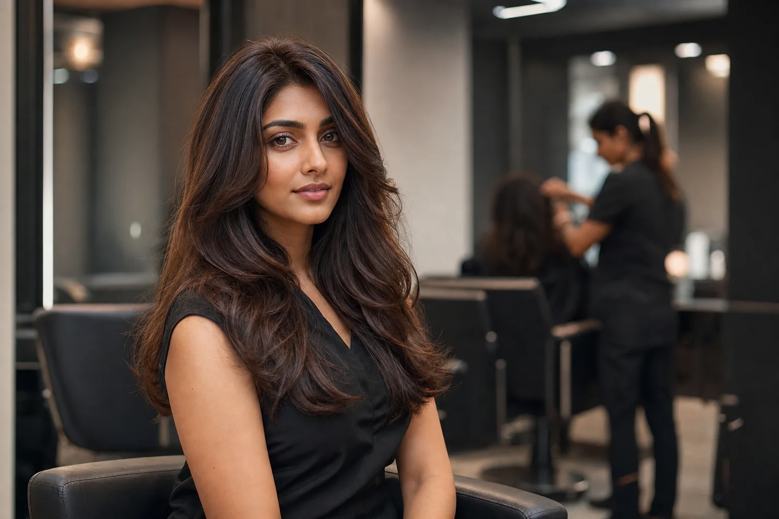 Editorial portrait featuring dimensional brunette hair colour in a modern salon.