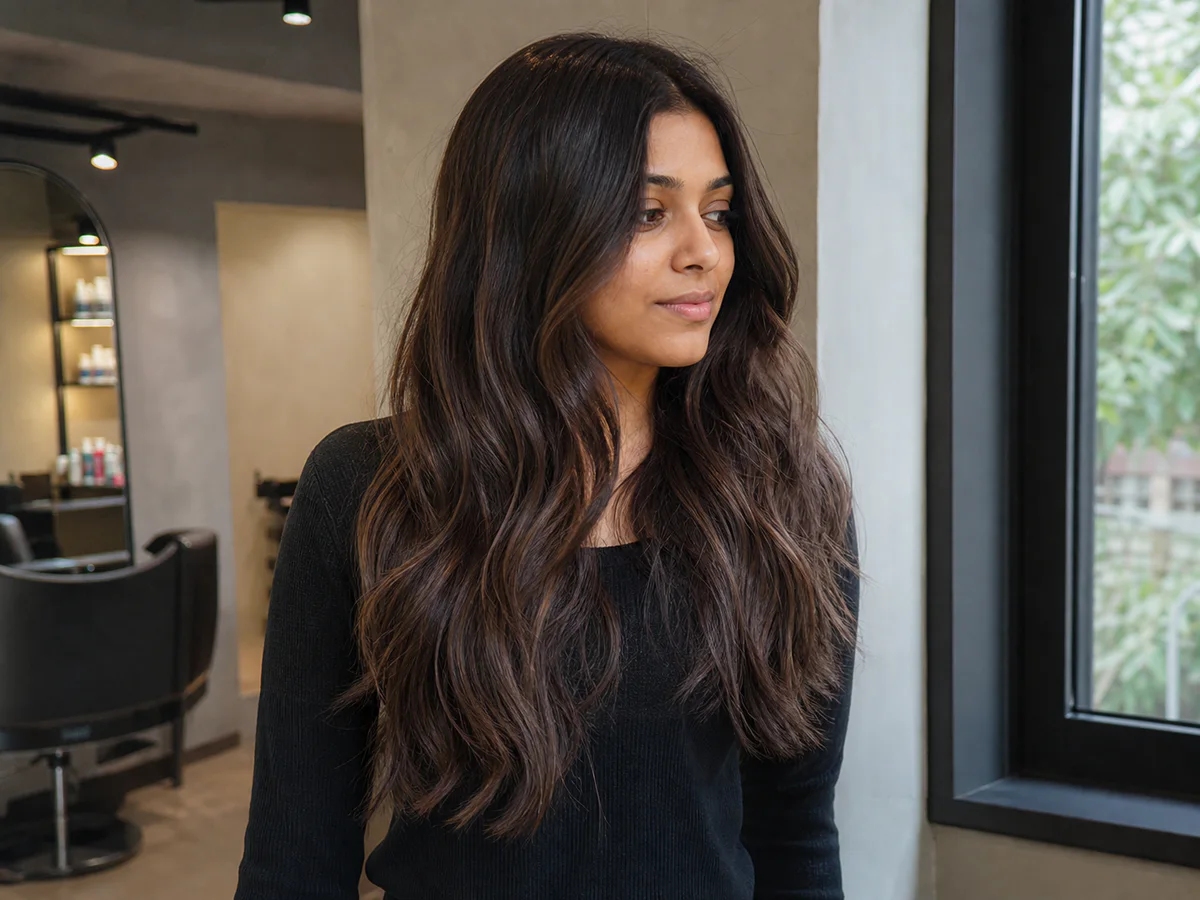 Editorial portrait showing dimensional brown hair colour.