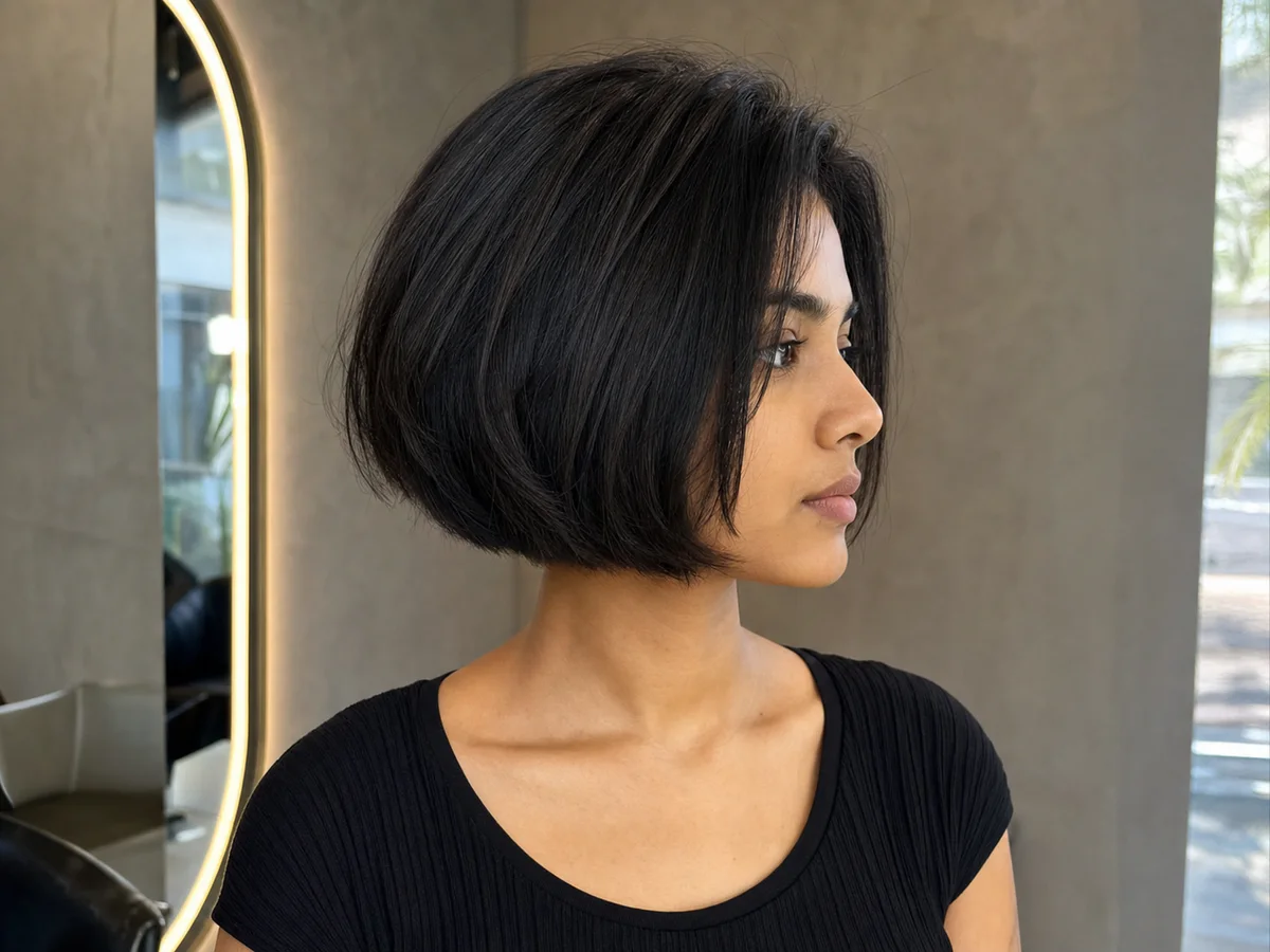 Editorial portrait showing a precise, naturally styled bob haircut.