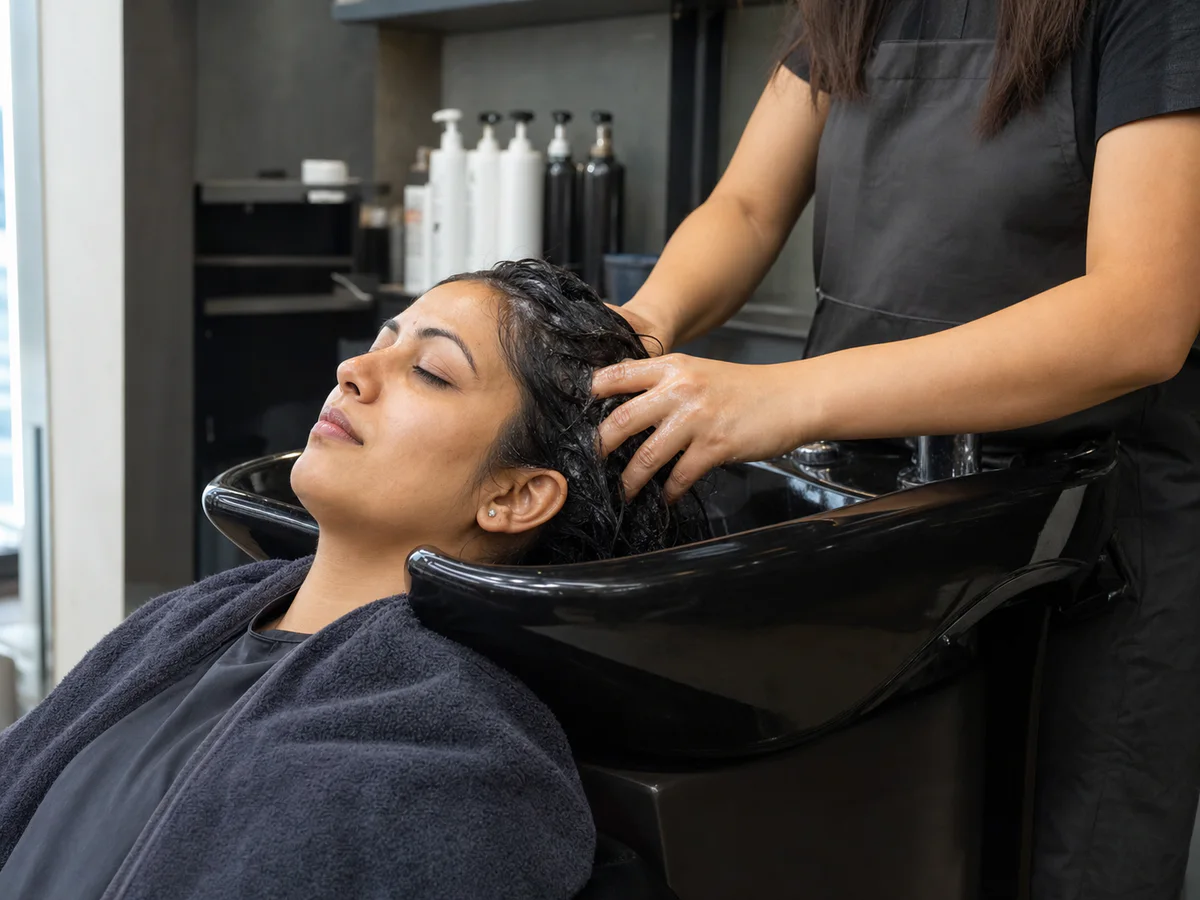 Editorial view of a professional wash-station hair treatment.