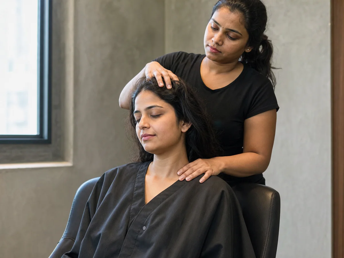 Editorial view of a professional head and shoulder massage.