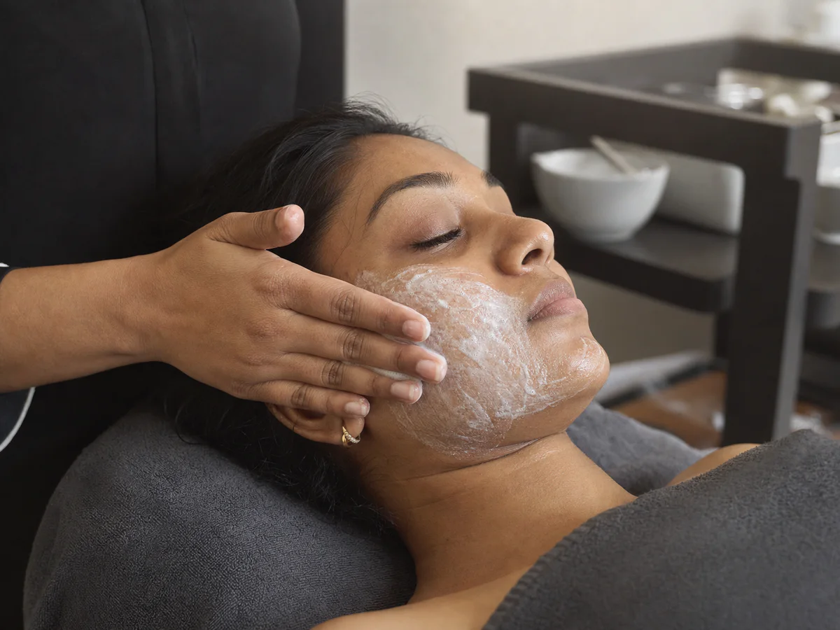 Editorial view of a professional facial cleansing treatment.