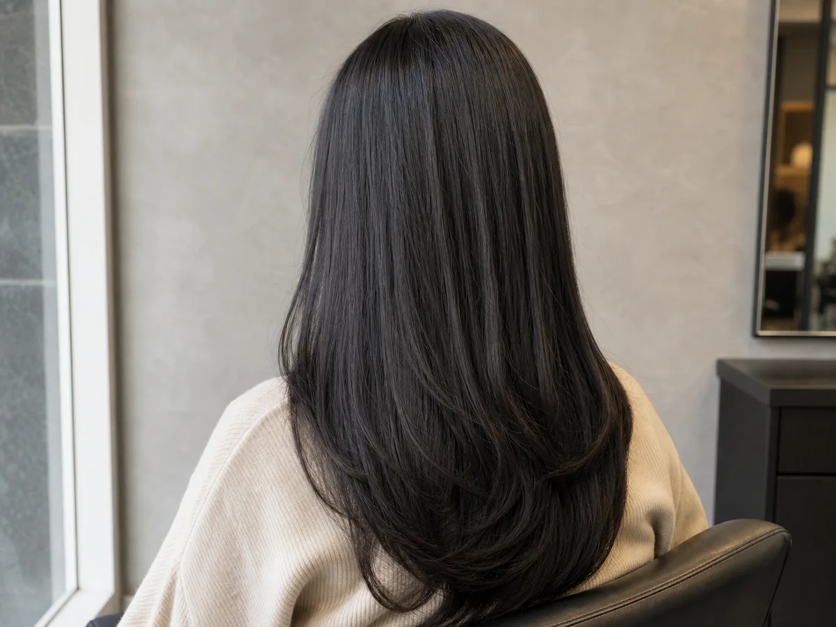 Editorial rear view of naturally smooth, glossy dark hair.